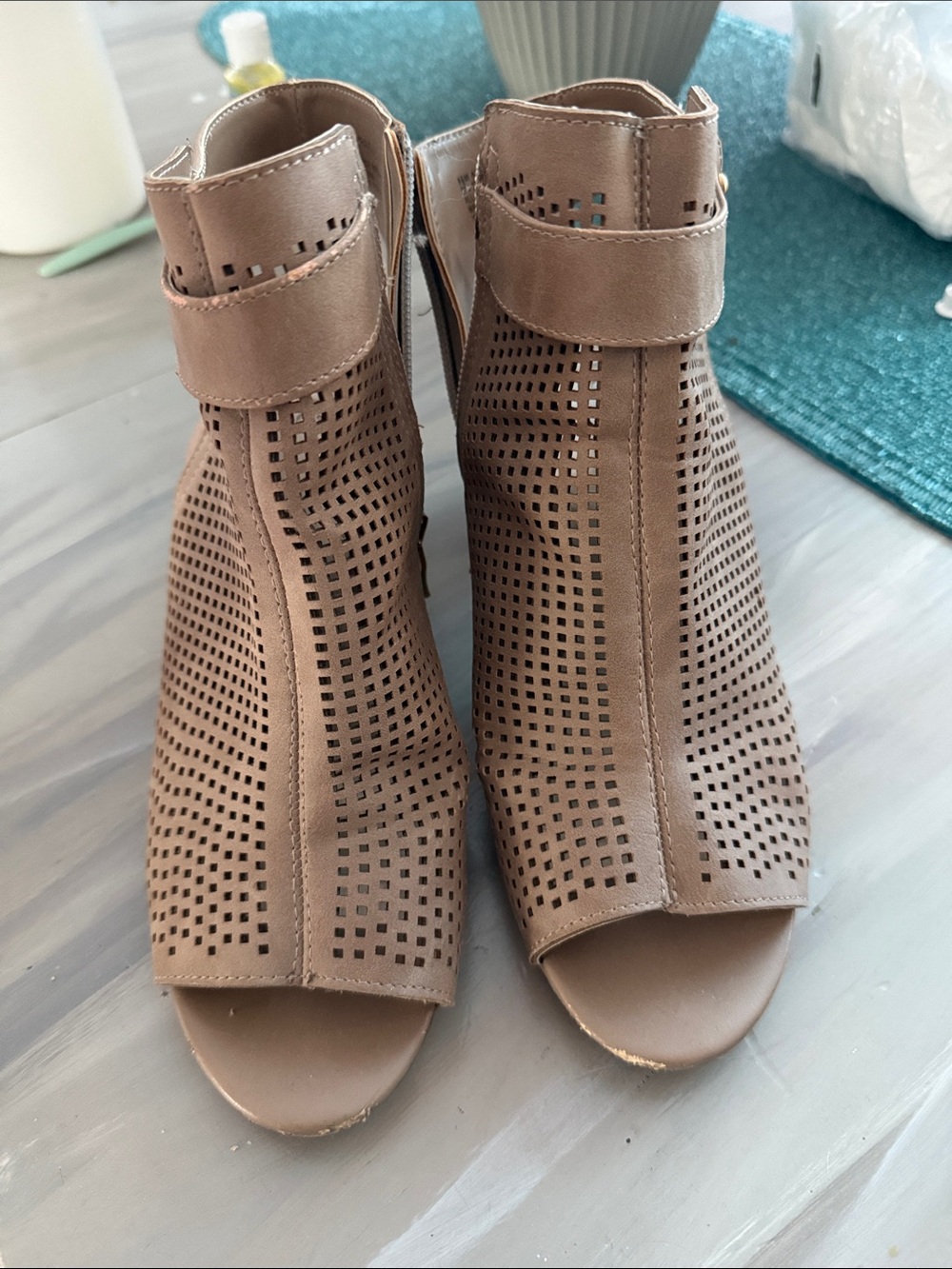 a.n.a Taupe Perforated Peep-Toe Ankle Booties